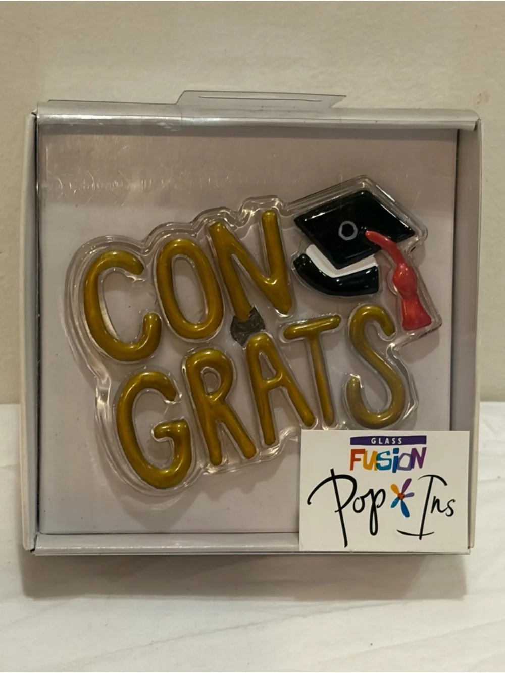 NIB Demdaco Glass Fusion Pop-Ins Gold Congrats with Black Cap